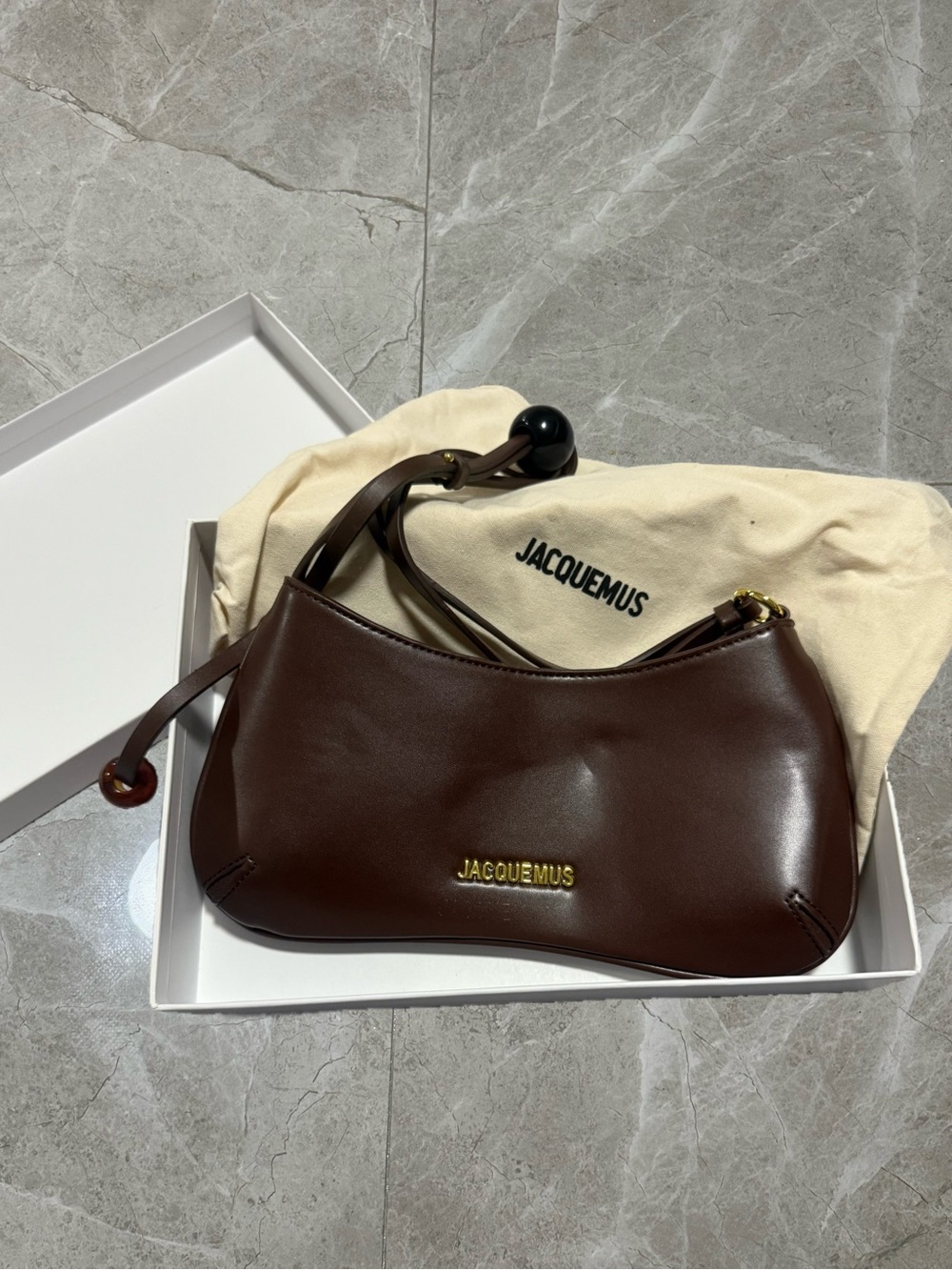 Jacquemus Dark Brown Leather Shoulder Bag with Gold Hardware